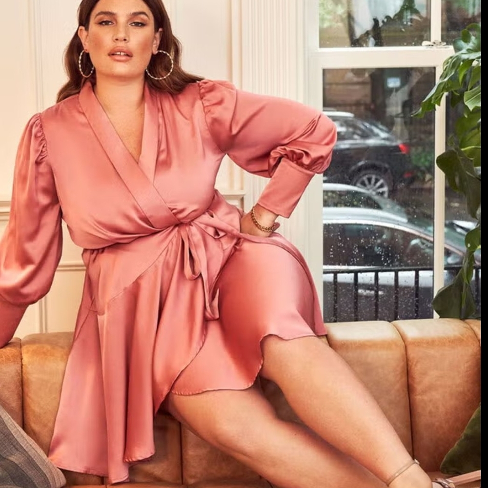 Eloquii Pink Satin Wrap Dress Wiith Ruffled Sleeves 18